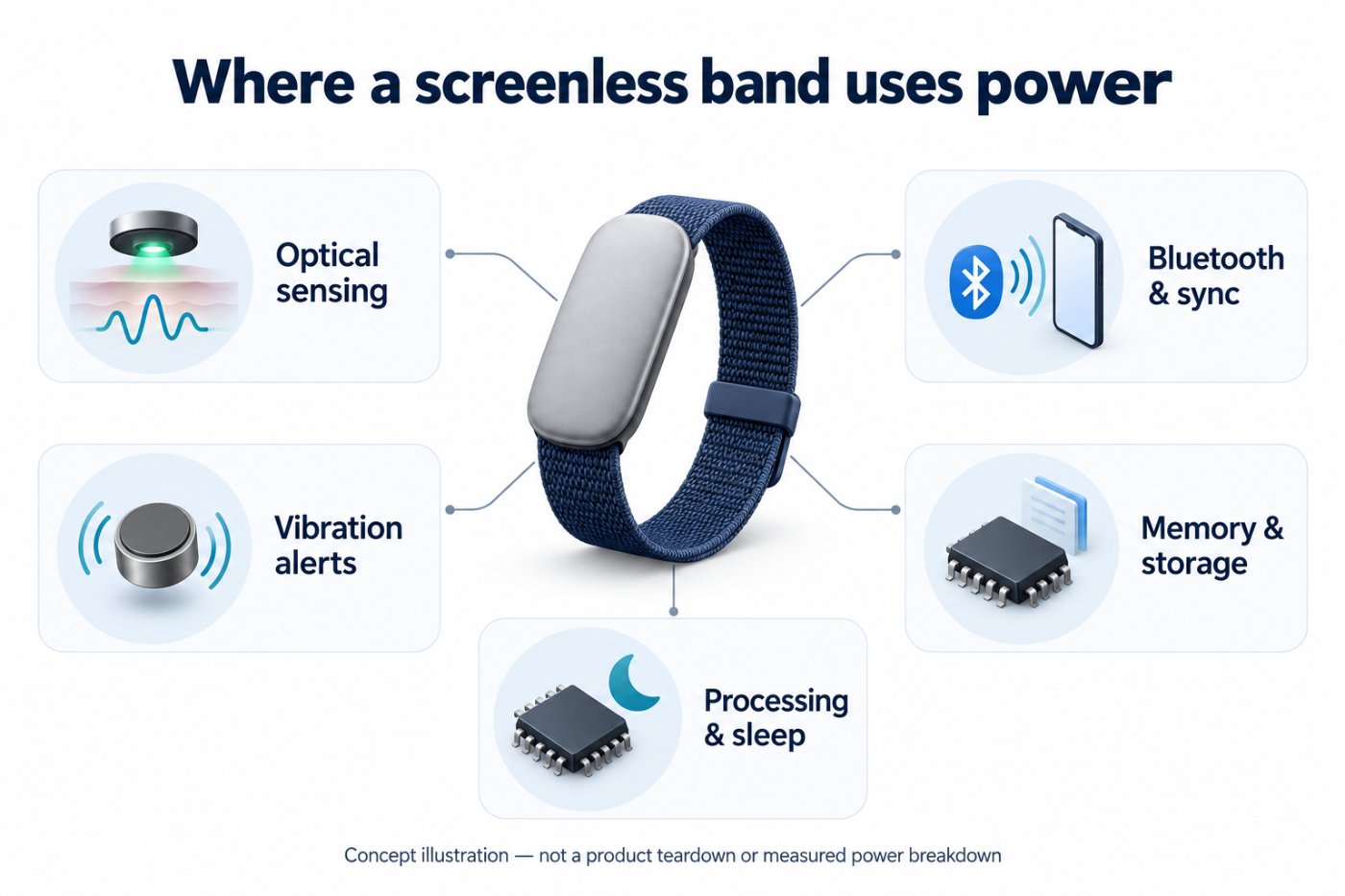 AI-generated concept illustration of optical sensing, Bluetooth synchronization, vibration alerts, memory and processing in a generic screenless band; not a product teardown or measured power breakdown